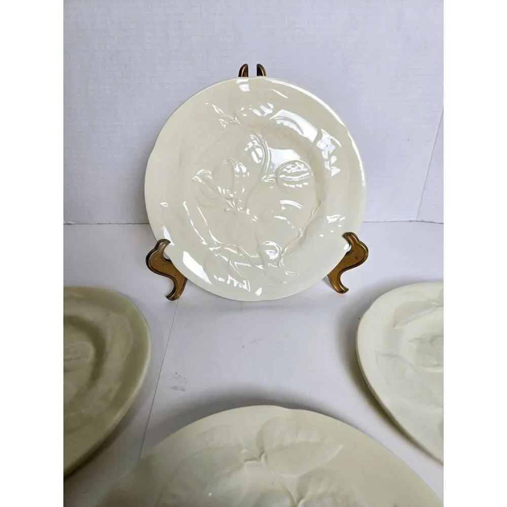 WILLIAM SONOMA Yellow Cream Salad Plates Embossed Botanical Portugal Set…